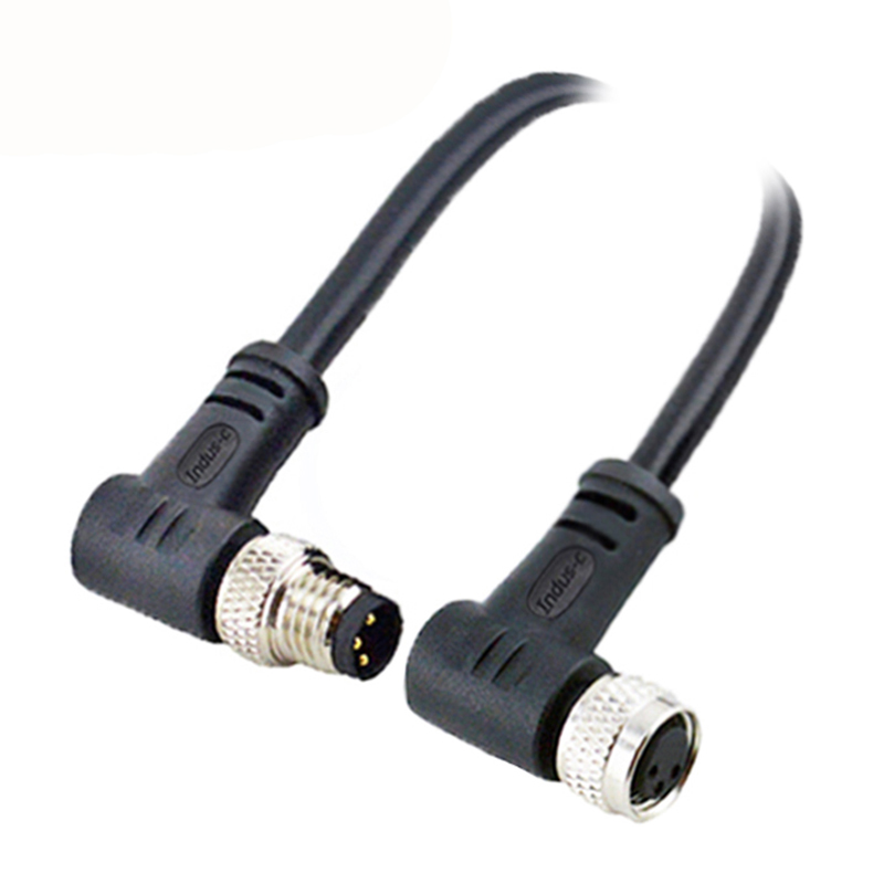 M8 3pins A code male to female right angle molded cable,unshielded,PVC,-10°C~+80°C,24AWG 0.25mm²,brass with nickel plated screw
